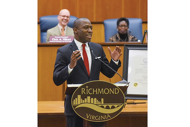 
During his inaugural address at City Hall last Saturday, Mayor Levar M. Stoney calls for a renewed commitment to the city’s public schoolchildren, saying education is “the only lifeline” for many youngsters.