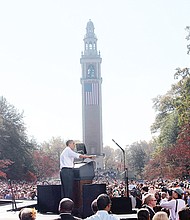 Above, President Obama campaigning for re-election at the Carillon in Richmond’s Byrd Park in October 2012. 