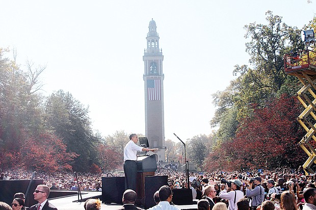 Above, President Obama campaigning for re-election at the Carillon in Richmond’s Byrd Park in October 2012. 