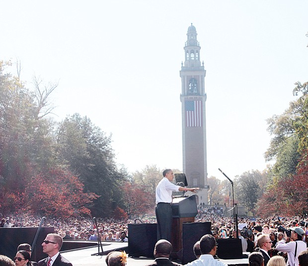 Above, President Obama campaigning for re-election at the Carillon in Richmond’s Byrd Park in October 2012. 