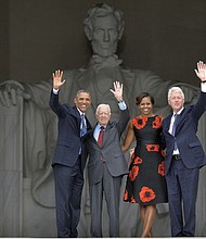 President Obama, former President Jimmy Carter, First Lady Michelle Obama and former President Bill Clinton at the Lincoln Memorial in August 2013 for the 50th anniversary of Dr. Martin Luther King Jr.’s historic March on Washington for Jobs and Freedom.
