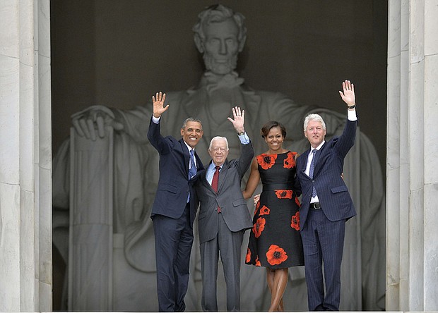 President Obama, former President Jimmy Carter, First Lady Michelle Obama and former President Bill Clinton at the Lincoln Memorial in August 2013 for the 50th anniversary of Dr. Martin Luther King Jr.’s historic March on Washington for Jobs and Freedom.
