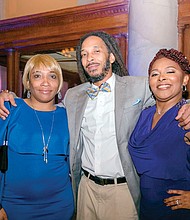 Family members of the new mayor enjoy the $100-per-person reception last Friday at Main Street Station in Shockoe Bottom. They are, from left, Mayor Stoney’s mother, Cassandra James; nephew, Marcus Curtis; and aunt, Troyce Fitzgerald.