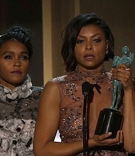 Actress Taraji P. Henson speaks after her movie, "Hidden Figures", wins outstanding performance by a cast in a theatrical motion picture at 2017 SAG Awards.