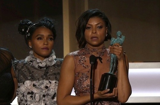 Actress Taraji P. Henson speaks after her movie, "Hidden Figures", wins outstanding performance by a cast in a theatrical motion picture at 2017 SAG Awards.