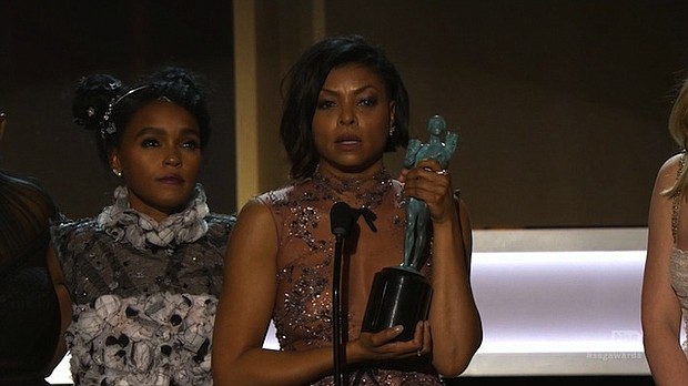 Actress Taraji P. Henson speaks after her movie, "Hidden Figures", wins outstanding performance by a cast in a theatrical motion picture at 2017 SAG Awards.
