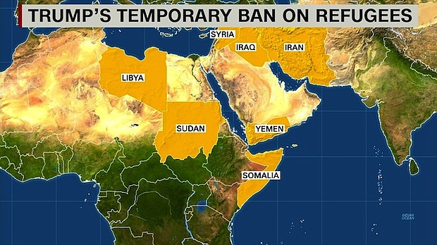 Map of countries on travel ban list.
