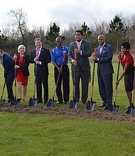 Pro-Vision Academy in Southeast Houston has received a Super Bowl Legacy Grant from the NFL Foundation to build a new football stadium and track.  Among those symbolically breaking ground for that project were NFL Commissioner Roger Goodell (fifth from left) and Pr-Vision Founder Roynell Young (sixth from left).