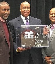 Shown are Texas Southern University President Austin Lane, Minnesota Vikings COO Kevin Warren and Washington Redskins Sr. VP of Communications Tony Wyllie