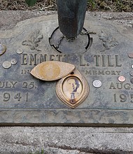 
This 2015 photo shows Emmett Till’s grave marker in Alsip, Ill., on the 60th anniversary of his killing. 