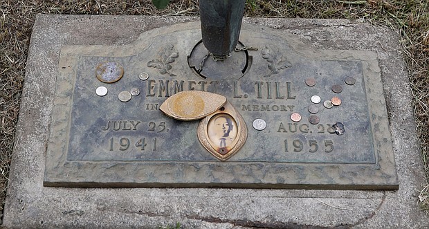 
This 2015 photo shows Emmett Till’s grave marker in Alsip, Ill., on the 60th anniversary of his killing. 
