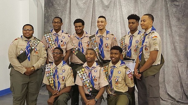 The newly awarded Eagle Scouts of Troop #242