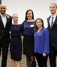 VCU Hall of Fame inductees // Former Virginia Commonwealth University standouts share the limelight after their induction last Saturday into the VCU Athletics Hall of Fame. The inductees and their sport are, from left, Boris Kodjoe, men’s tennis, 1992-1996; Martina Nedelkova Somoano, women’s tennis, 1997-2002; Kristine Austgulen, women’s basketball, 1999-2003; Jen Parsons, women’s soccer, 2001-2004; and Matthew Delicate, men’s soccer, 2000-2003. Inductee Eric Maynor, men’s basketball, 2005-2009, a former NBA player who now plays in Italy’s top pro league, wasn’t able to return to campus for the ceremony. Mr. Kodjoe, now a successful actor, observed during his remarks that five of the six inductees are immigrants. Mr. Kodjoe was born in Austria. He was the first VCU Ram to win the Intercollegiate Tennis Association regional title.