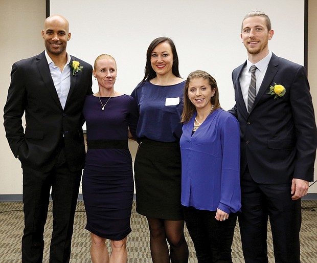 VCU Hall of Fame inductees // Former Virginia Commonwealth University standouts share the limelight after their induction last Saturday into the VCU Athletics Hall of Fame. The inductees and their sport are, from left, Boris Kodjoe, men’s tennis, 1992-1996; Martina Nedelkova Somoano, women’s tennis, 1997-2002; Kristine Austgulen, women’s basketball, 1999-2003; Jen Parsons, women’s soccer, 2001-2004; and Matthew Delicate, men’s soccer, 2000-2003. Inductee Eric Maynor, men’s basketball, 2005-2009, a former NBA player who now plays in Italy’s top pro league, wasn’t able to return to campus for the ceremony. Mr. Kodjoe, now a successful actor, observed during his remarks that five of the six inductees are immigrants. Mr. Kodjoe was born in Austria. He was the first VCU Ram to win the Intercollegiate Tennis Association regional title.