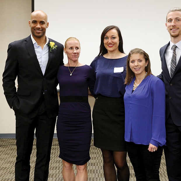 VCU Hall of Fame inductees // Former Virginia Commonwealth University standouts share the limelight after their induction last Saturday into the VCU Athletics Hall of Fame. The inductees and their sport are, from left, Boris Kodjoe, men’s tennis, 1992-1996; Martina Nedelkova Somoano, women’s tennis, 1997-2002; Kristine Austgulen, women’s basketball, 1999-2003; Jen Parsons, women’s soccer, 2001-2004; and Matthew Delicate, men’s soccer, 2000-2003. Inductee Eric Maynor, men’s basketball, 2005-2009, a former NBA player who now plays in Italy’s top pro league, wasn’t able to return to campus for the ceremony. Mr. Kodjoe, now a successful actor, observed during his remarks that five of the six inductees are immigrants. Mr. Kodjoe was born in Austria. He was the first VCU Ram to win the Intercollegiate Tennis Association regional title.