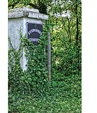 Vines cover the entry pillar to Evergreen Cemetery in this June 28, 2016, photo. The scene exemplifies the condition of much of the 60-acre burial ground despite efforts of volunteers to control wild plants. State funding will help supporters better maintain the historic graveyard. Location: Stony Run Parkway in Richmond’s East End. 