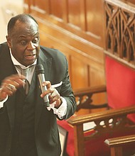 Celebrating 150 years //  Dr. W. Franklyn Richardson preaches during the Founder’s Day Program at Sixth Mount Zion Baptist Church in Jackson Ward as the church marked its 150th anniversary last Sunday and celebrated its founder, the Rev. John Jasper. Dr. Richardson, pastor of Grace Baptist in Mount Vernon, N.Y., and chairman of the National Action Network and the Virginia Union University Board of Trustees, was the keynote speaker for the program that highlighted the church’s history and paid tribute to three people for community service.