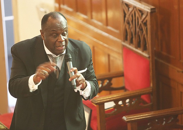 Celebrating 150 years //  Dr. W. Franklyn Richardson preaches during the Founder’s Day Program at Sixth Mount Zion Baptist Church in Jackson Ward as the church marked its 150th anniversary last Sunday and celebrated its founder, the Rev. John Jasper. Dr. Richardson, pastor of Grace Baptist in Mount Vernon, N.Y., and chairman of the National Action Network and the Virginia Union University Board of Trustees, was the keynote speaker for the program that highlighted the church’s history and paid tribute to three people for community service.