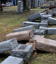 Tombstones were overturned and damaged Saturday night at the Mt. Carmel Cemetery, a Jewish cemetery in Philadelphia, police said Sunday, Feb. 26, 2017.