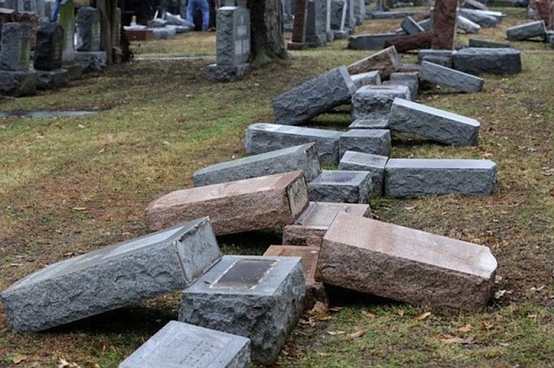 Tombstones were overturned and damaged Saturday night at the Mt. Carmel Cemetery, a Jewish cemetery in Philadelphia, police said Sunday, Feb. 26, 2017.
