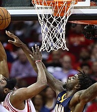 Houston Rockets guard James Harden (13) shoots the ball as Indiana Pacers forward Rakeem Christmas (25) defends during the third quarter at Toyota Center. (Credit: Troy Taormina-USA TODAY Sports)