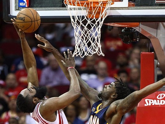 Houston Rockets guard James Harden (13) shoots the ball as Indiana Pacers forward Rakeem Christmas (25) defends during the third quarter at Toyota Center. (Credit: Troy Taormina-USA TODAY Sports)