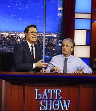 	The former host of "The Daily Show" Jon Stewart stopped by CBS' "The Late Show with Stephen Colbert" on Monday night to deliver an almost 10-minute rant about President Trump and his contentious relationship with the press with a message to the media to stop whining.