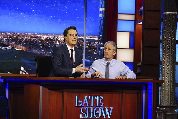 	The former host of "The Daily Show" Jon Stewart stopped by CBS' "The Late Show with Stephen Colbert" on Monday night to deliver an almost 10-minute rant about President Trump and his contentious relationship with the press with a message to the media to stop whining.