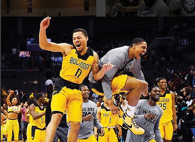 The Bowie State Bulldogs celebrate their 62-54 championship victory over Fayetteville State University last Saturday.
