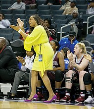 
Virginia Union University Coach AnnMarie Gilbert, CIAA Women’s Coach of the Year, directs from the sidelines.