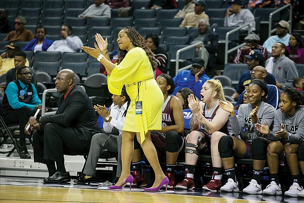 
Virginia Union University Coach AnnMarie Gilbert, CIAA Women’s Coach of the Year, directs from the sidelines.