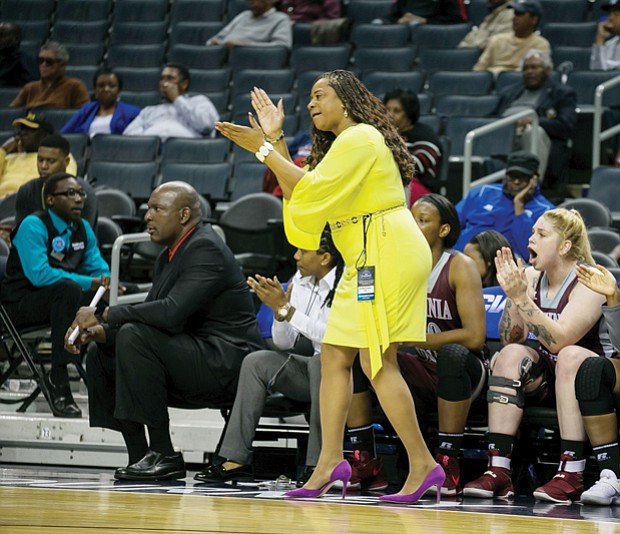 
Virginia Union University Coach AnnMarie Gilbert, CIAA Women’s Coach of the Year, directs from the sidelines.