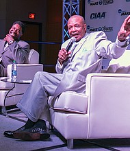 ESPN sportscaster Charlie Neal, right, a member of the CIAA Hall of Fame, interviews 2017 CIAA Hall of Fame inductee Derrick Johnson, a former Virginia Union University basketball standout.