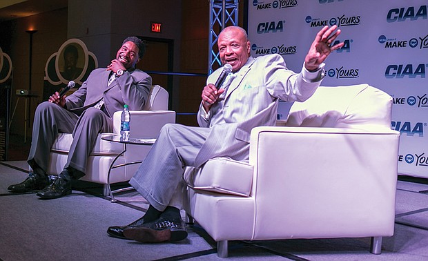 ESPN sportscaster Charlie Neal, right, a member of the CIAA Hall of Fame, interviews 2017 CIAA Hall of Fame inductee Derrick Johnson, a former Virginia Union University basketball standout.