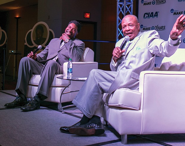 ESPN sportscaster Charlie Neal, right, a member of the CIAA Hall of Fame, interviews 2017 CIAA Hall of Fame inductee Derrick Johnson, a former Virginia Union University basketball standout.