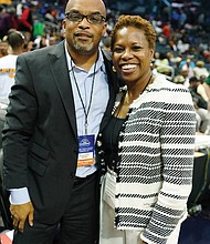 Virginia State University President Makola M. Abdullah stops for a photo with CIAA Commissioner Jacqueline “Jacqie” McWilliams.
