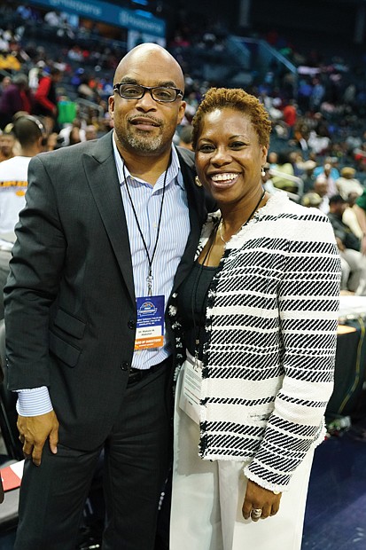 Virginia State University President Makola M. Abdullah stops for a photo with CIAA Commissioner Jacqueline “Jacqie” McWilliams.
