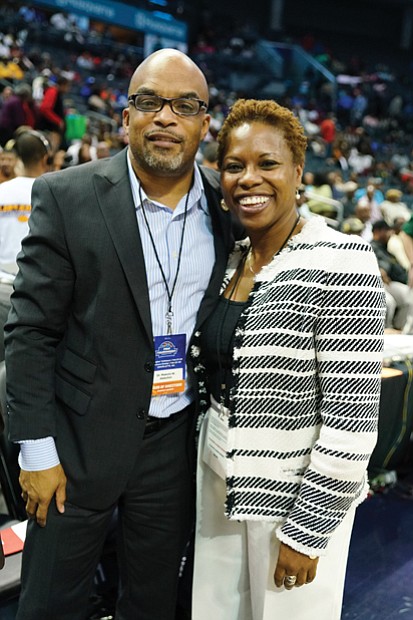 Virginia State University President Makola M. Abdullah stops for a photo with CIAA Commissioner Jacqueline “Jacqie” McWilliams.
