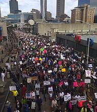 Crowds march through downtown Atlanta, Georgia in solidarity with the Women's March on Washington 