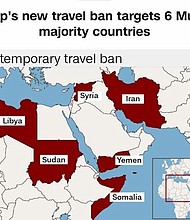 In President Trump's revised travel ban, foreign nationals who are outside the US from Sudan, Syria, Iran, Libya, Somalia and Yemen (without any valid visa) for 90 days.
