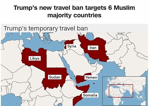In President Trump's revised travel ban, foreign nationals who are outside the US from Sudan, Syria, Iran, Libya, Somalia and Yemen (without any valid visa) for 90 days.