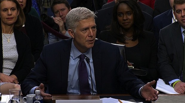 Neil Gorsuch is seen here being questioned in the Senate Judiciary Committee on March 21, 2017.