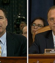 FBI Director James Comey and US Rep. Adam Schiff speak during a hearing by the House Intelligence Committee on March 20, 2017.
