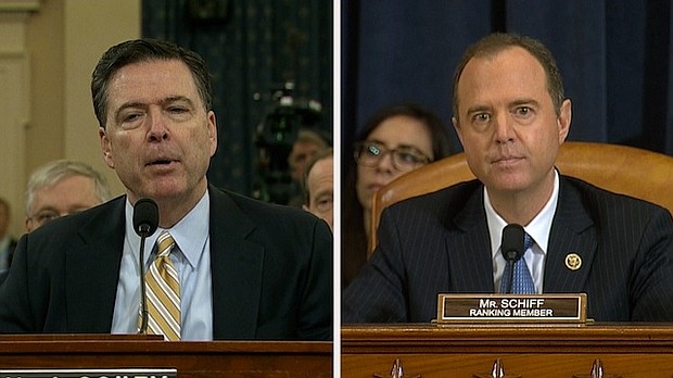 FBI Director James Comey and US Rep. Adam Schiff speak during a hearing by the House Intelligence Committee on March 20, 2017.