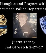 A Tecumseh, Oklahoma police officer died on Monday, March 27, 2017 after he was wounded in a shootout overnight, police said. He has been identified as Officer Justin Terney, 22.