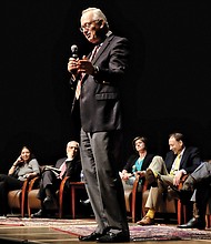 
Political analyst Robert Holsworth, standing, offers insight on the current political climate during a town hall March 22 by Virginia Commonwealth University’s Wilder School of Government and Public Affairs. Panelists included, from left, Alexandra Reckendorf, John Accordino, Meghan Gough, Jack Trammell and former Gov. L. Douglas Wilder.