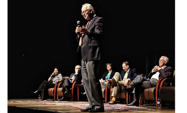 
Political analyst Robert Holsworth, standing, offers insight on the current political climate during a town hall March 22 by Virginia Commonwealth University’s Wilder School of Government and Public Affairs. Panelists included, from left, Alexandra Reckendorf, John Accordino, Meghan Gough, Jack Trammell and former Gov. L. Douglas Wilder.