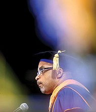 Dr. Makola M. Abdullah, the 14th president of Virginia State University, addresses the audience during his investiture ceremony last Friday at the university’s Multi-Purpose Center. 