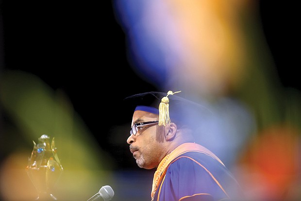 Dr. Makola M. Abdullah, the 14th president of Virginia State University, addresses the audience during his investiture ceremony last Friday at the university’s Multi-Purpose Center. 