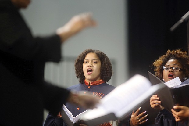Below, the Virginia State University Concert Choir and the university’s Gospel Chorale perform during the president’s investiture, including the black national anthem, “Lift Every Voice and Sing,” and the VSU alma mater.  
